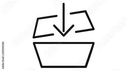 Minimalist vector icon illustration of a clean black line art download symbol featuring a downward-pointing arrow entering an open box, ideal for modern web design and digital user interfaces.