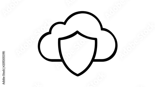 Cloud security vector icon illustration featuring a shield protecting a cloud data storage container. Minimalist flat line art for cybersecurity, data protection, and secure cloud computing.