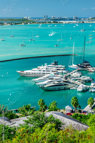 Aerial view of the bay of Marigot with luxury yachts and boats in the harbor, Caribbean island of Saint Martin (Sint Maarten), French West Indies