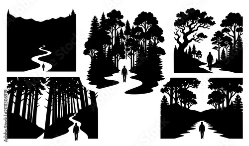 Foto Forest landscape silhouette set featuring a lone hiker walking on a path surroun
