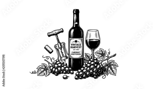 Foto Vintage wine bottle vector illustration with glass bunch of grapes corkscrew and