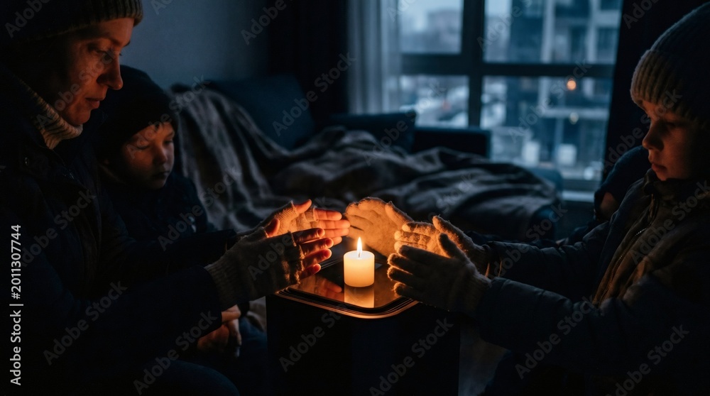 Obraz premium Poor family warming their hands over a single candle during a cold winter power outage