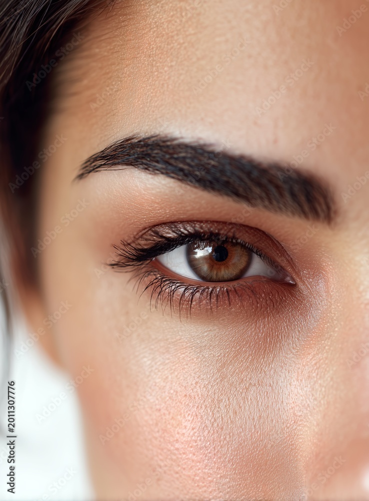 Naklejka premium Close-Up of Human Eye with Brown Iris and Defined Eyebrow