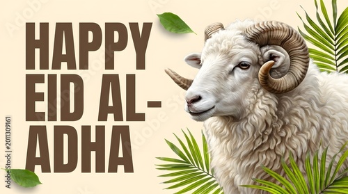 Sheep illustration with palm leaves for happy eid al adha greeting card background.