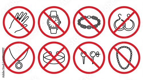 Set of no jewelry allowed signs showing prohibited accessories for safety protocols on white background