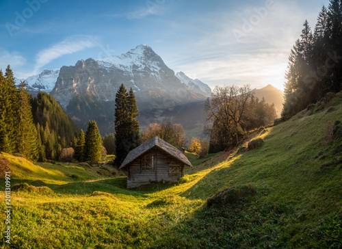 Autumn mountain scenery in the Swiss Alps with rustic mountain hut in Grindelwald, Switzerland