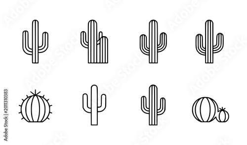 Valokuva Wild cactus linear icons set with saguaro organ pipe barrel succulents thin line