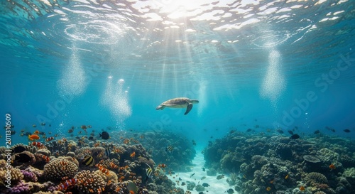 Turtle Swimming Near Coral Reef