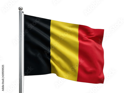 Belgian flag waving on a silver flagpole isolated on transparent background