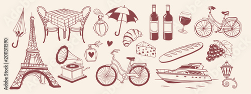 Hand drawn french doodle set with cafe elements, wine, croissant, retro bicycle. Romantic travel symbols. Sketch.