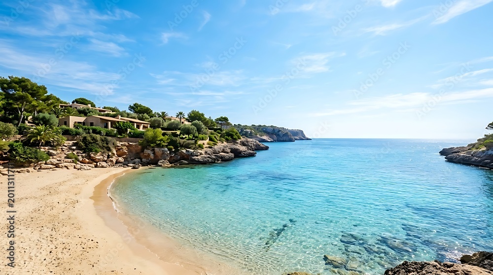 Fototapeta premium Idyllic Mediterranean cove with crystal clear turquoise water and sandy beach on a sunny day