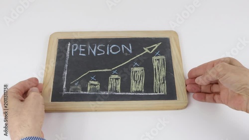 Hand draws a graph. The word PENSION and a business graph on a small slate blackboard are removed by human hands