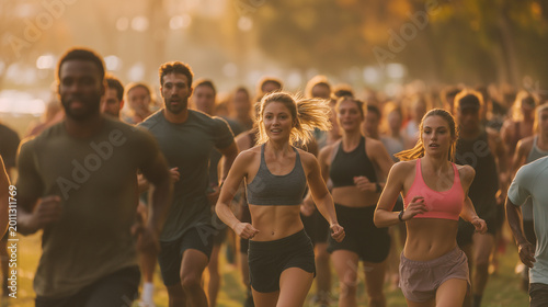 Diverse running club starting morning training session outdoors.