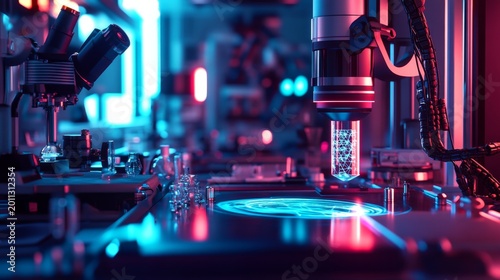 Close-up view of advanced microscope equipment in a futuristic lab highlighting intricate details and vibrant lights showcasing technology and innovation in research. Generative AI