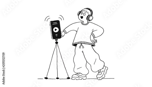 Content creator recording video minimalist black and white illustration