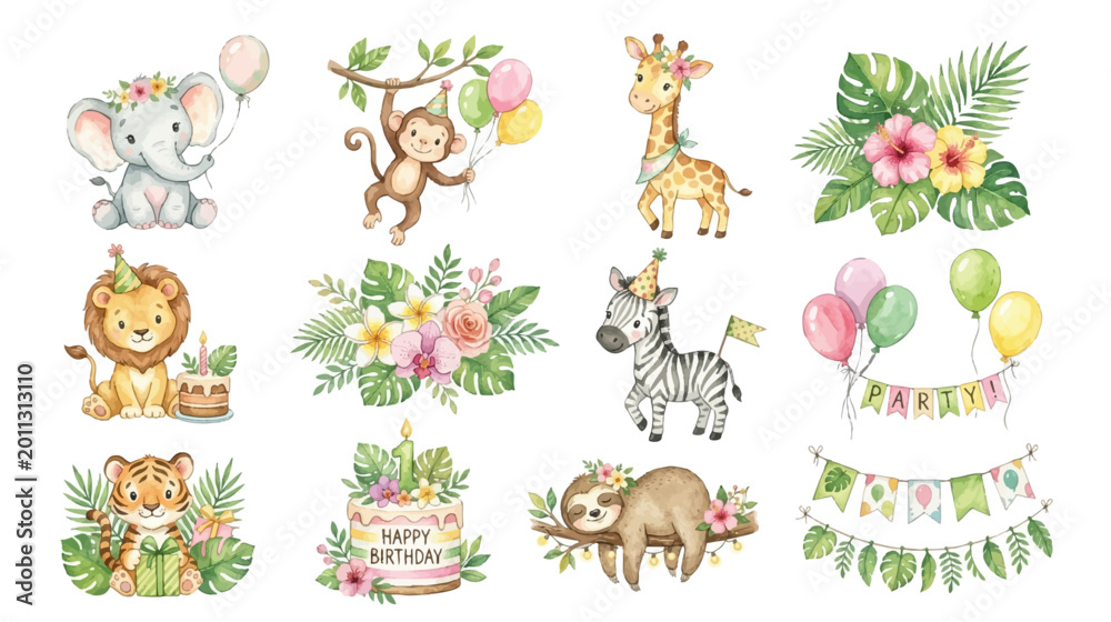 Fototapeta premium Tropical watercolor safari birthday clipart and jungle party decorations set. Collection of Vector illustrations for invitation, card, poster, banner, decoration 