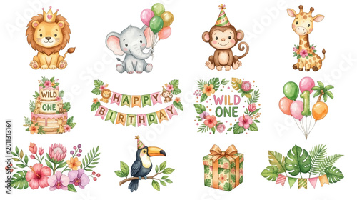 Photography Tropical watercolor safari birthday clipart and wild one party elements set