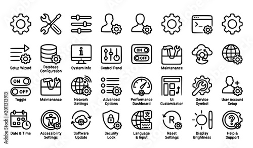 Foto Settings and configuration line icon set with editable stroke gear tools prefere