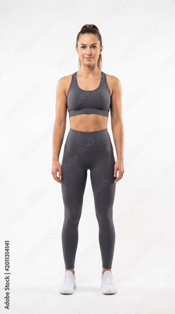 Obraz premium Full length portrait of a beautiful fit young woman in stylish sportswear standing straight, isolated on a white background, concept of fitness, healthy lifestyle and body positivity