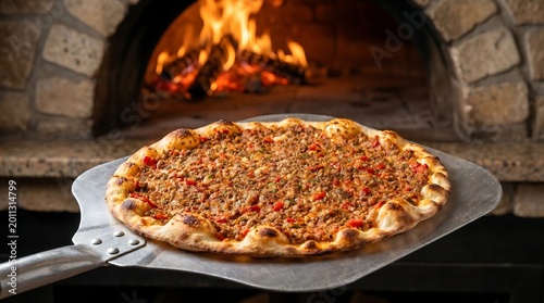 Fresh Turkish lahmacun from wood oven, Traditional minced meat pizza on peel, Authentic flatbread baking in stone furnace