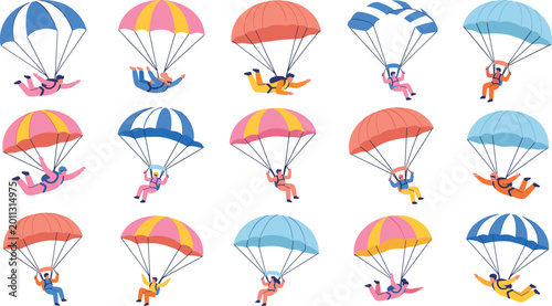 Parachute Skydiving Character Collection with Colorful Paragliding People Isolated on White Background for Adventure and Sports Design