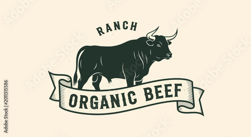 Vintage-style organic beef ranch logo with a powerful bull illustration.