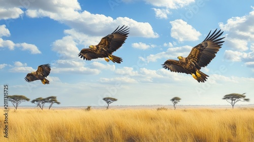 Majestic Eagles Soaring Over the African Savannah Landscape with a Blue Sky Backdrop