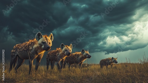 Hyena clan amidst a stormy sky, illustrating their resilience and adaptability in nature's harsh