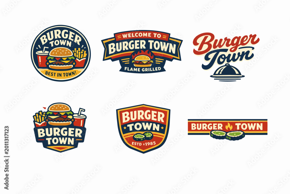 Naklejka premium Burger town restaurant branding collection featuring diverse retro badges with burger, fries, and beverage graphics