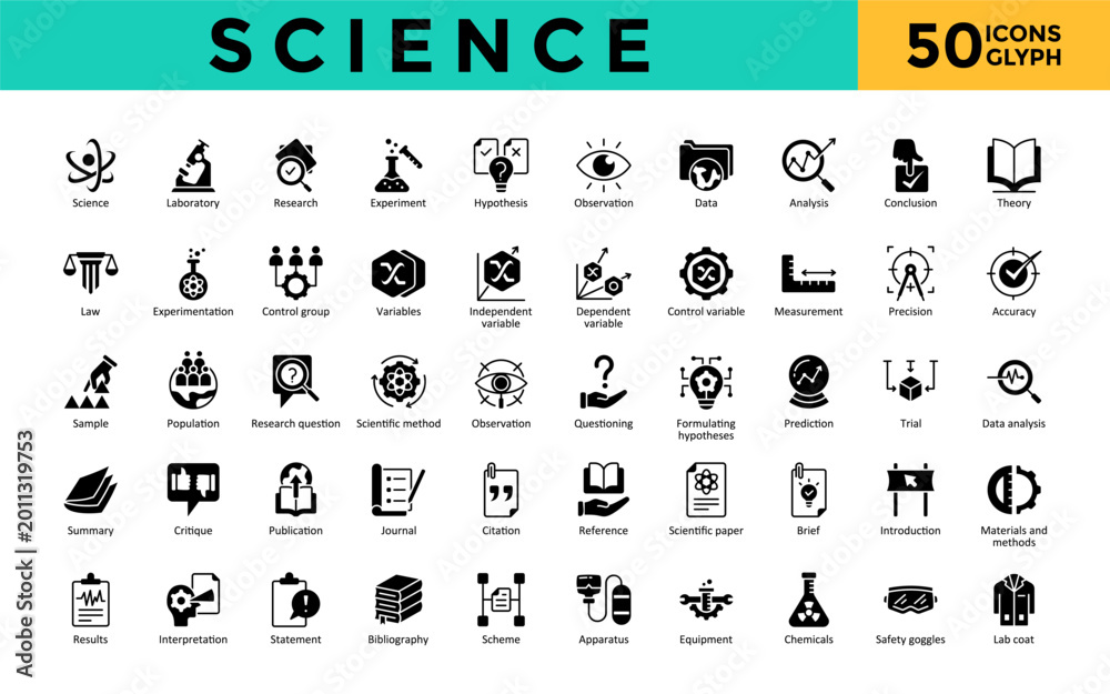 Fototapeta premium Science icons set with laboratory, research, experiment, hypothesis, observation, data, analysis, conclusion, experimentation icon. Simple glyph vector 