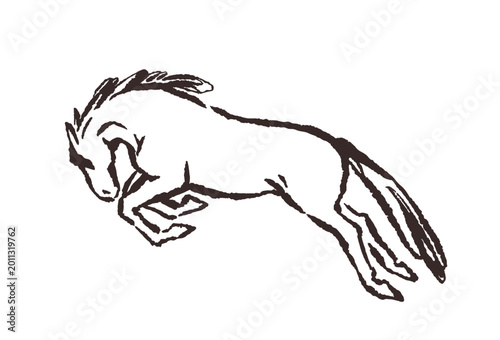 Horse jumping, contour brush drawing in doodle scribble style. Hand-drawn cha...