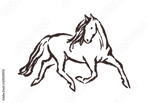 Horse running and looking back, drawing in doodle style. Handdrawn outline eq...