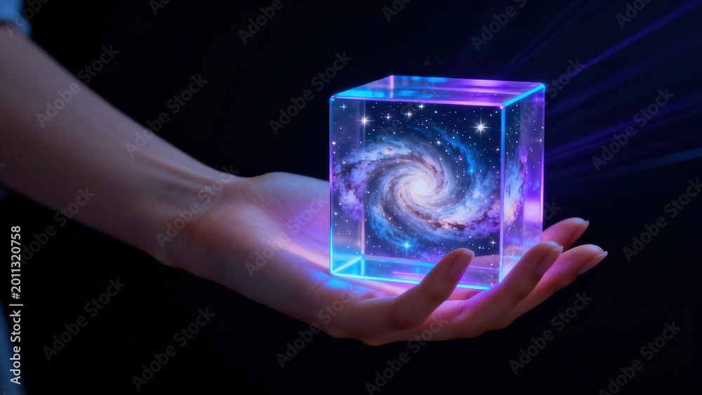 Fototapeta premium Hand holding cube with galaxy inside