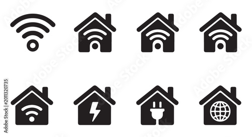 Smart home icons wifi power energy globe electricity plug in house network.