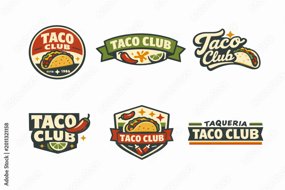 Obraz premium Taco club logos collection featuring mexican food, taqueria emblems and vintage style restaurant labels
