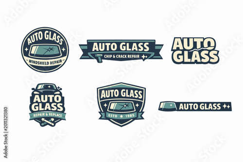 Auto glass repair logo collection featuring windshield crack repair, replacement, and chip service vector branding