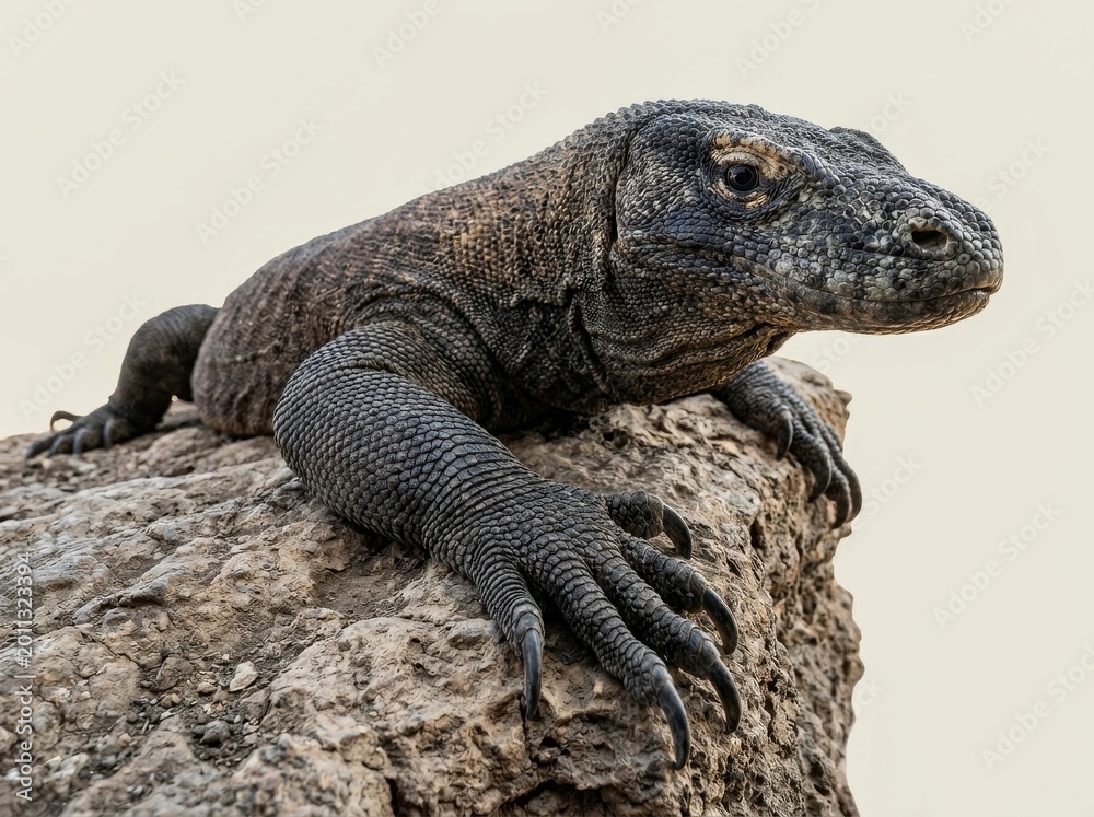 Fototapeta premium Komodo Dragon Predator Perched on Rock with Detailed Scales and Sharp Claws, Wildlife Conservation and Biodiversity Concept, Flexible Layout with Copy Space for Educational Design