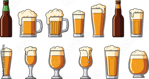 Bild auf Leinwand Beer bottles and glasses vector set featuring lager ale pint mug and goblet styl