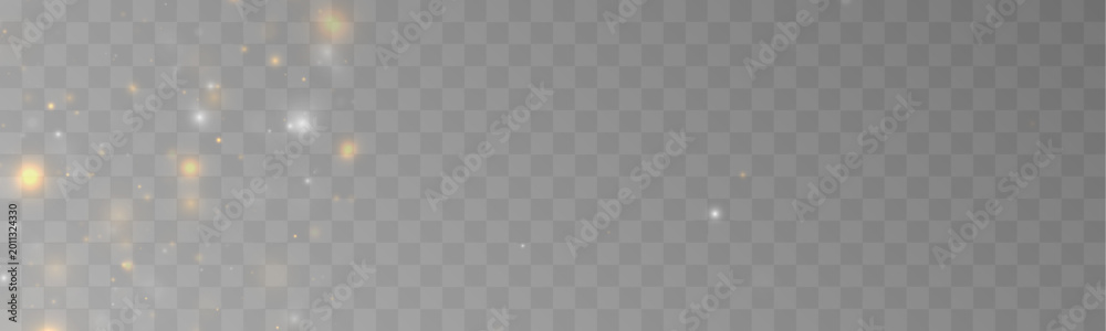 Fototapeta premium Floating white and gold dust with radiant reflections and airy haze. Gentle light forms magical atmosphere. Perfect design element for icons. vector