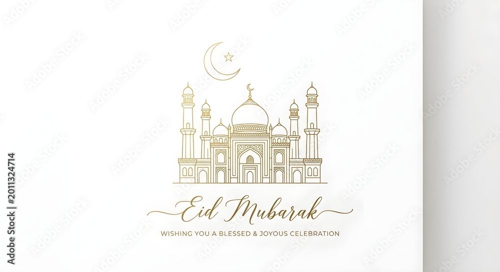 Obraz premium Minimalist Gold Line Art Mosque Illustration for Eid Mubarak Greeting and Celebration Card