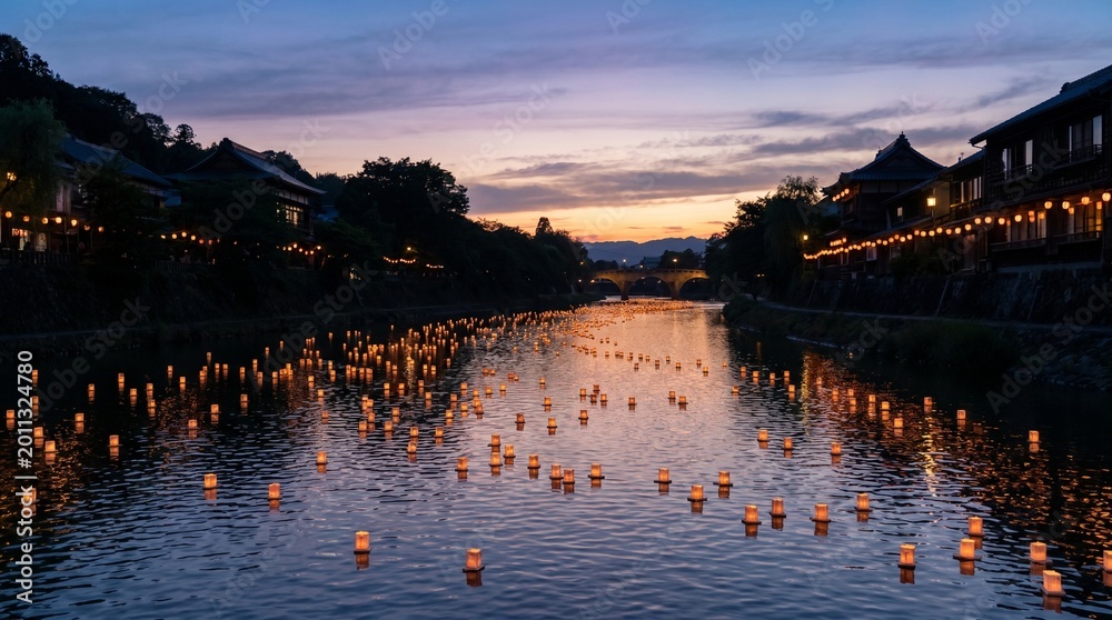 Obraz premium Enchanting Illustration of River Celebration at Dusk