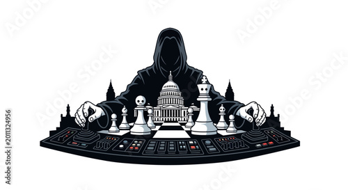 Foto Dark hooded figure manipulates US Capitol chess game with joysticks, symbolizing political control