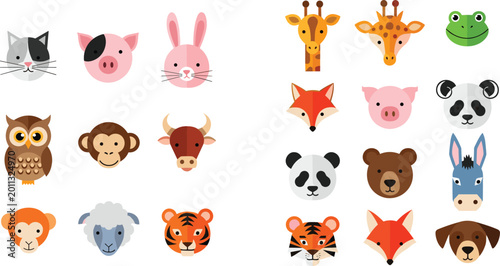 Canvas Print Cute animal faces vector set featuring cat pig rabbit giraffe frog panda bear fo