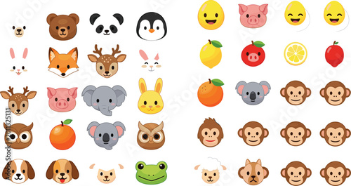 Canvas Print Cute animal faces and fruit emoji collection with bear, fox, rabbit, monkey, owl