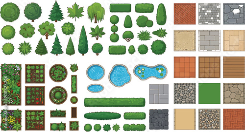 Top down view landscape design elements kit featuring trees bushes garden beds ponds and paving stone textures for architectural planning vector illustration