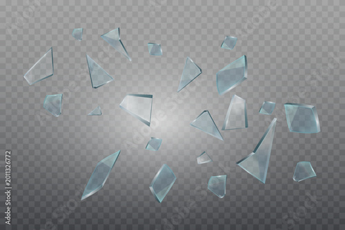 Shattered glass fragments flying, representing breaking, damage, and danger