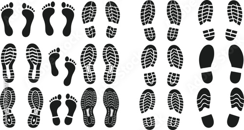 Photos Human footprints and shoe sole prints collection with barefoot steps and tread p