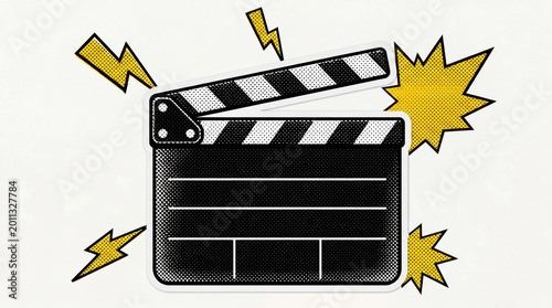 Pop Art Halftone Movie Clapperboard Sticker Illustration, Vintage Cinema Slate Icon with Comic Lightning Elements, Retro Torn Paper Collage Style