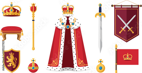 Fotografie Royal regalia collection with crown, throne, scepter, sword, robe and heraldic s