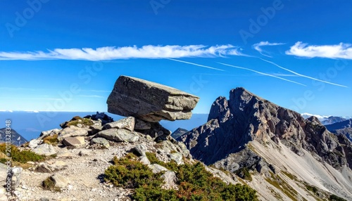 Balanced Rock Formation on Mountain Peak Under Blue Sky.